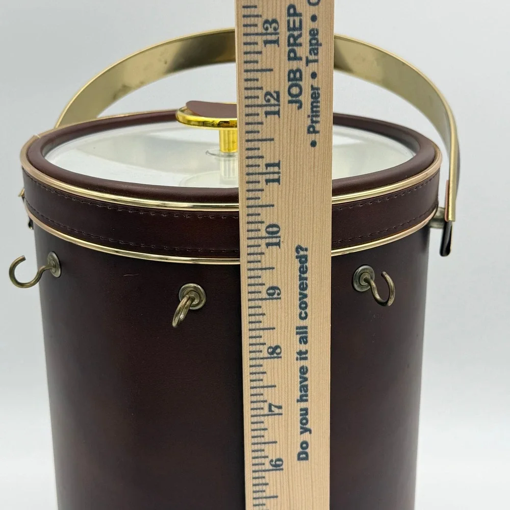 Vintage Barware Brown Faux Leather Ice Bucket Gold Trim Insulated with Lid